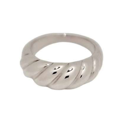 Thick croissant dome ring in silver-toned stainless steel with twisted design
