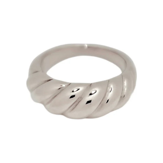 Thick croissant dome ring in silver-toned stainless steel with twisted design