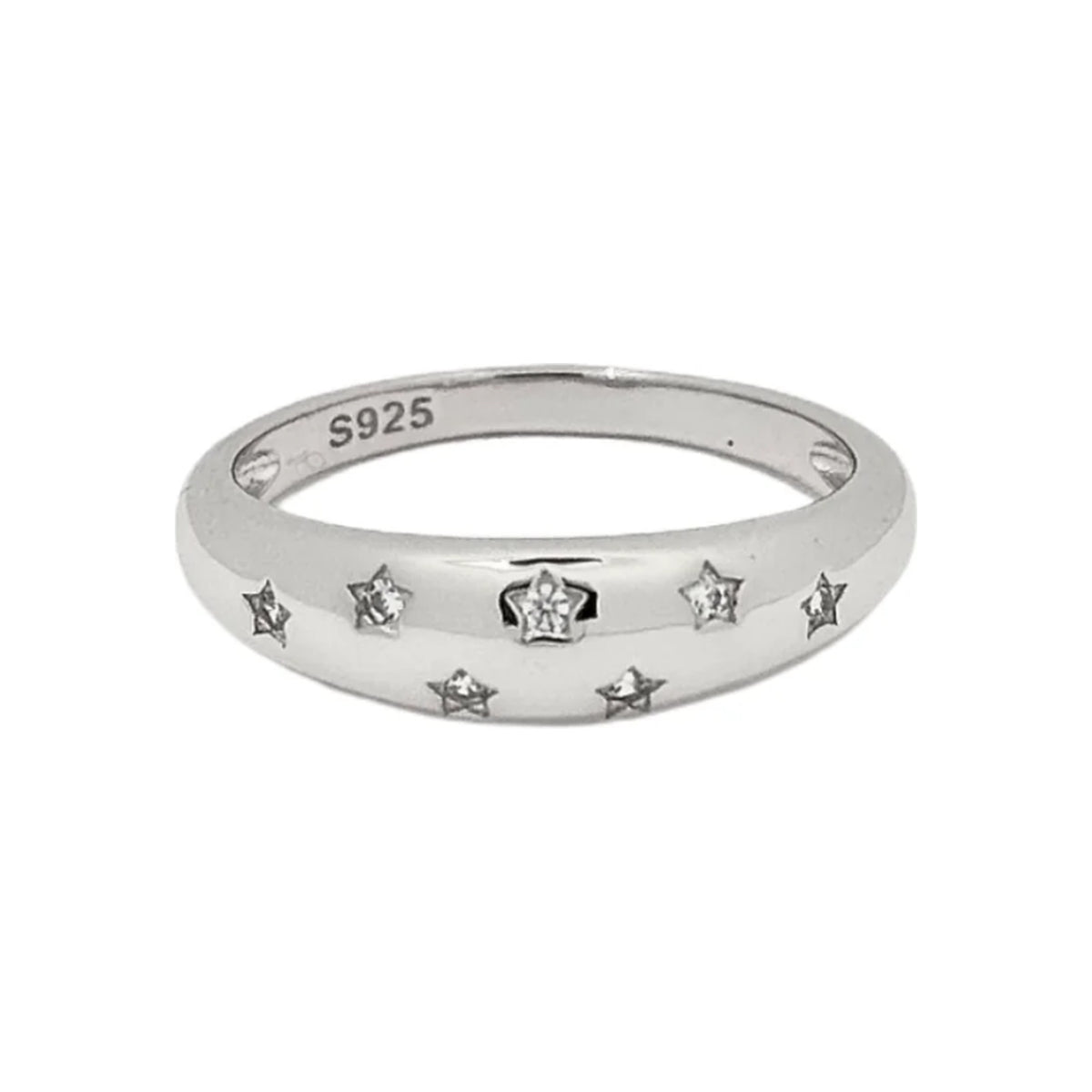 S925 sterling silver star engraved dome ring set with cubic zirconia crystals
