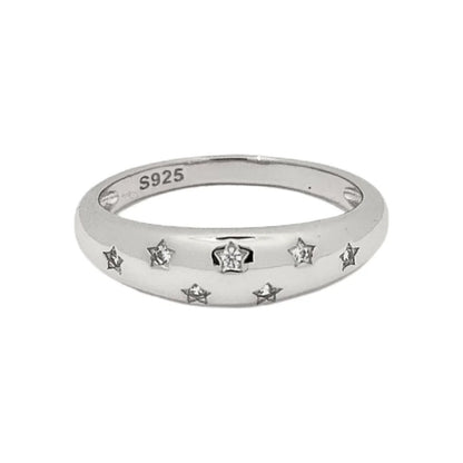 S925 sterling silver star engraved dome ring set with cubic zirconia crystals
