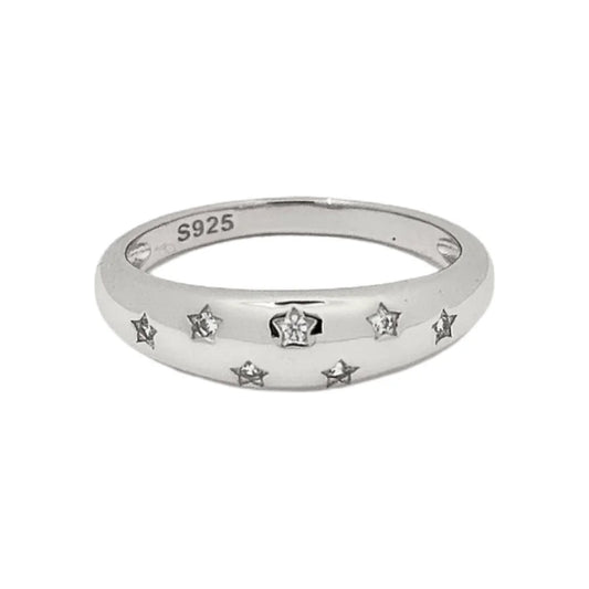 S925 sterling silver star engraved dome ring set with cubic zirconia crystals
