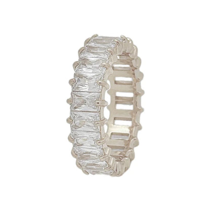 Silver eternity ring with emerald-cut cubic zirconia crystals in titanium steel