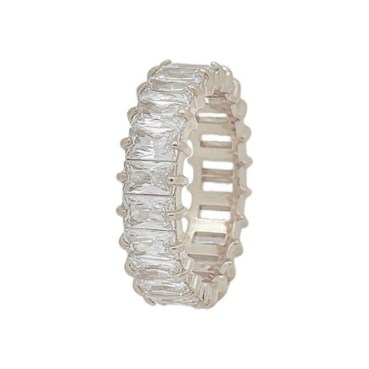 Silver eternity ring with emerald-cut cubic zirconia crystals in titanium steel